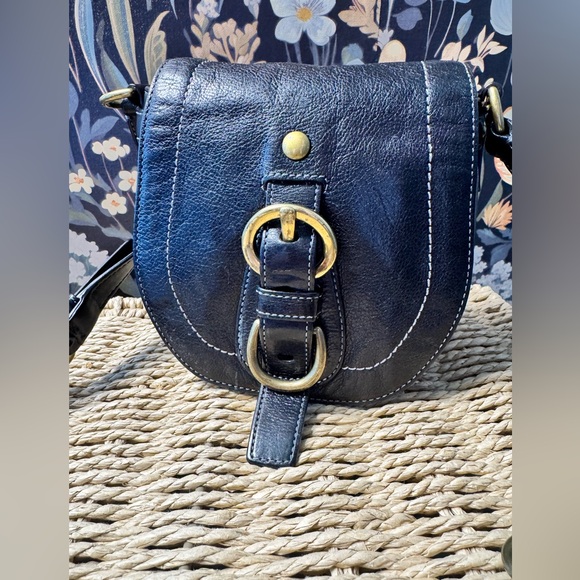 Vintage Coach Small Saddle Leather Crossbody Bag Black Leather 6x6 Purple Inside - Picture 1 of 15